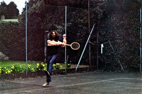 George Harrison and Bob Dylan playing tennis